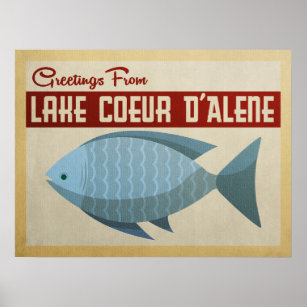 Lake Coeur d'Alene Blue Fish Vintage Travel Poster