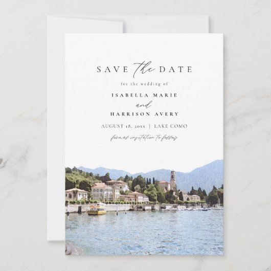 LAKE COMO Wasserfarbe Italien Skyline Save the Dat Einladung (Vorderseite)
