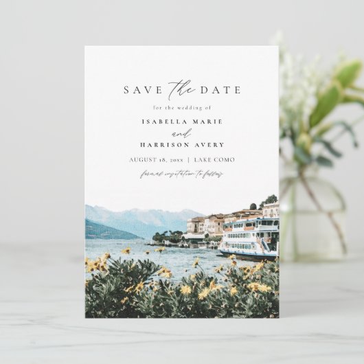 LAKE COMO Wasserfarbe Italien Skyline Save the Dat Einladung (Stehend Vorderseite)