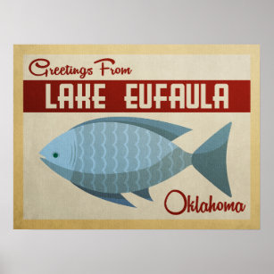 Lake Eufaula Oklahoma Blue Fish Vintage Travel Poster