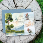 Lake Evergreen Wassercolor 3 Foto Save the Date<br><div class="desc">Die Hochzeit des Evergreen Watercolor rettet das Datum mit drei eigenen Fotos und einer idyllischen landschaftlichen Landschaft. Wasserfarbene Landschaft mit immergrünen Bäumen und Grünpflanzen, blauen Bergen und einem ruhigen See unter einem klaren blauen Himmel. Das Design ist in staubigen Blau-, Winkeln- und Grüntönen gehalten und mit elegantem Drehbuch und moderner...</div>
