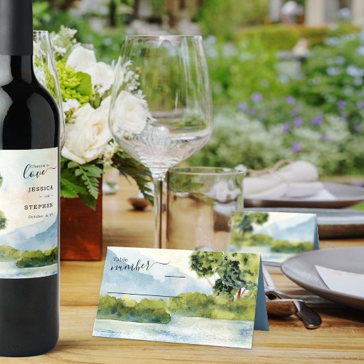 Lake Evergreen Watercolor Hochzeit Dusty Blue Platzkarte