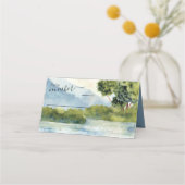 Lake Evergreen Watercolor Hochzeit Dusty Blue Platzkarte (Vorderseite)