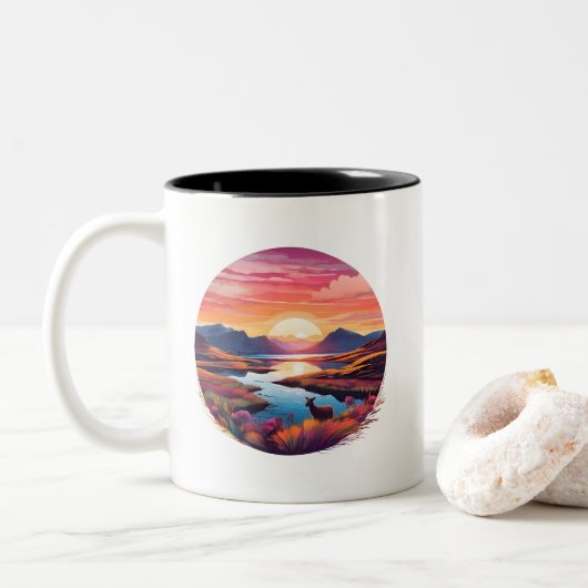 Lake Ewe Sunset in Schottland Zweifarbige Tasse (Mit Donut)
