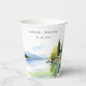 Lake Geneva Switzerland Watercolor Scape Wedding Pappbecher (Rückseite)