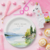 Lake Geneva Switzerland Watercolor Scape Wedding Pappteller (Party)