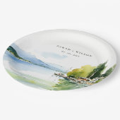 Lake Geneva Switzerland Watercolor Scape Wedding Pappteller (Schrägansicht)