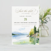 Lake Geneva Switzerland Watercolor Scape Wedding Save The Date (Stehend Vorderseite)