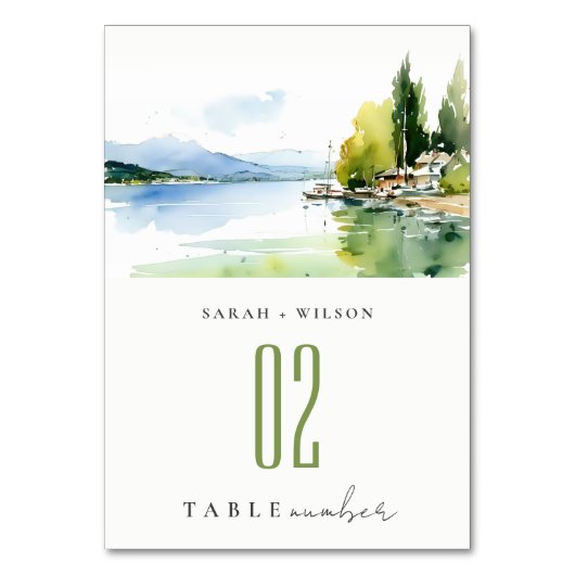 Lake Geneva Switzerland Watercolor Scape Wedding Tischnummer (Vorderseite)