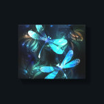 Lake Glows Dragonflies Leinwanddruck<br><div class="desc">Zwei lichtdurchflutete,  türkisfarbene,  kunstvoll gezeichnet Libellen mit lichtdurchlässigem Sealgen und Glühwürmchen im Hintergrund. Glühende Libelle.</div>