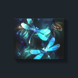 Lake Glows Dragonflies Leinwanddruck<br><div class="desc">Zwei lichtdurchflutete,  türkisfarbene,  kunstvoll gezeichnet Libellen mit lichtdurchlässigem Sealgen und Glühwürmchen im Hintergrund. Glühende Libelle.</div>