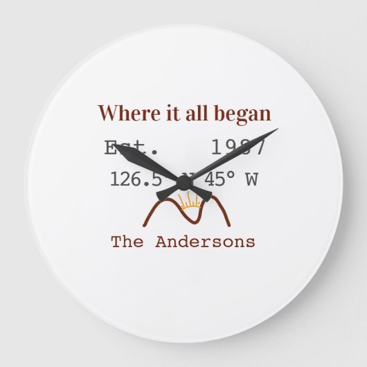 Lake house ets. Date year custom coordinates brown Große Wanduhr (Vorderseite)