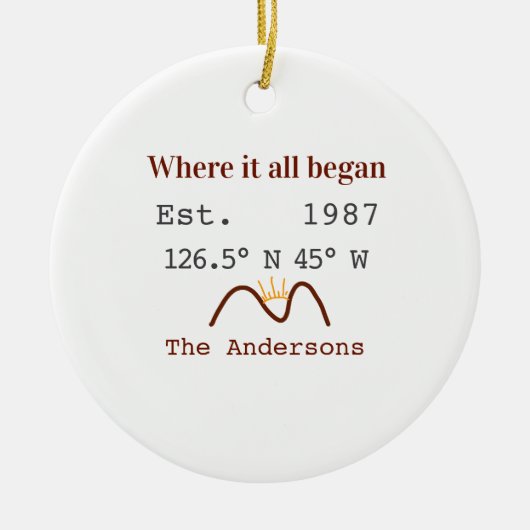 Lake house ets. Date year custom coordinates brown Keramik Ornament (Vorne)