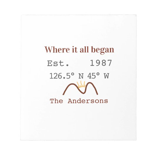 Lake house ets. Date year custom coordinates brown Notizblock (Vorderseite)