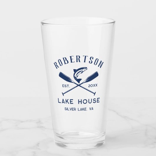 Lake House Familienname Crossed Oars Fish Glas (Vorderseite)