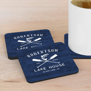 Lake House Familienname Rustic Blue Wood Getränkeuntersetzer