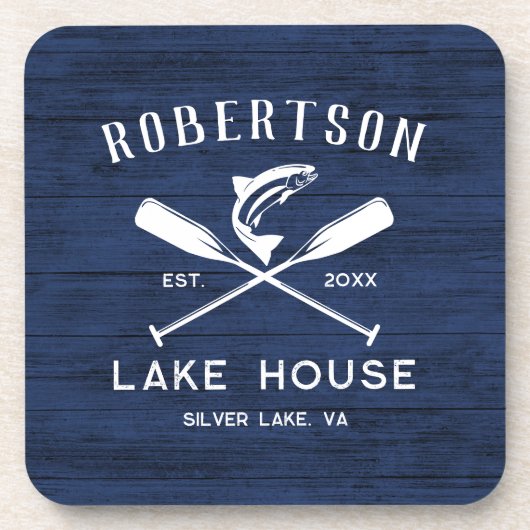 Lake House Familienname Rustic Blue Wood Getränkeuntersetzer (Vorderseite)