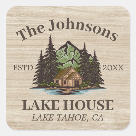 Lake House Wood Themed Family Name Personalisiert Quadratischer Aufkleber (Vorderseite)