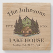 Lake House Wood Themed Family Name Personalisiert Steinuntersetzer (Vorderseite)