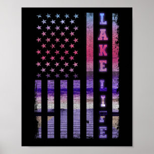 Lake Life American Flag Dock Sunset Wakeboarder Poster