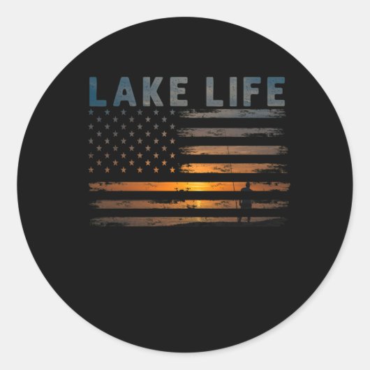 Lake Life Fisherman Sunset American Flag Bass Fish Runder Aufkleber (Vorderseite)