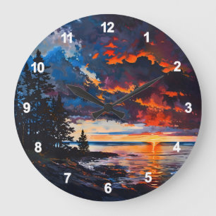 Lake Michigan Sunset Nature Landschaftsbild Große Wanduhr
