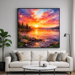 Lake Sunset - Watercolor Painting Style Poster
