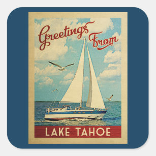Lake Tahoe Sailboat Vintage Reise Kalifornien Quadratischer Aufkleber