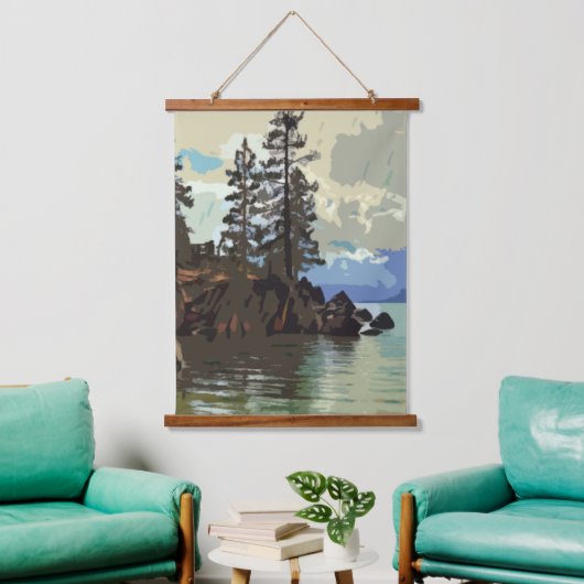 Lake Tahoe Wood Topped Wall Tapestry Wandteppich Mit Holzrahmen (Wohnzimmer)