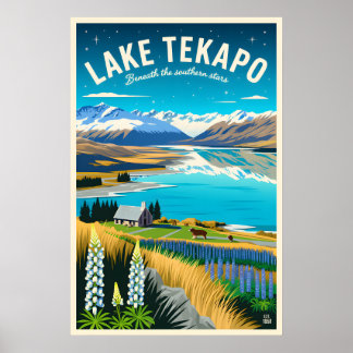 Lake Tekapo Neuseeland Retro-Reiseposter-Kunst Poster
