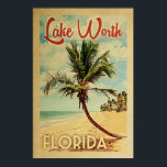Lake Worth Palm Tree Vintage Reise Poster<br><div class="desc">Ein einzigartiger Retro-Kunstdruck aus der Mitte des Jahrhunderts im Stil eines Vintage-Reiseplakats. Es verfügt über eine geschwungene Palme am Sandstrand mit Ozean unter einem blauen bewölkten Himmel.</div>