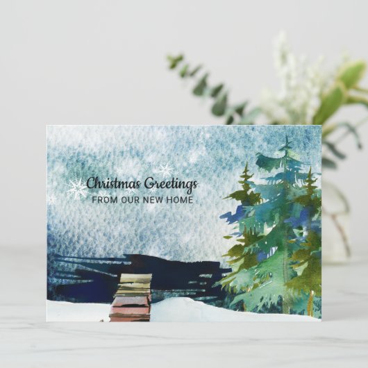 Lakefront Pine Trees Snowy Sky Neue Adresse Ankündigung (Stehend Vorderseite)