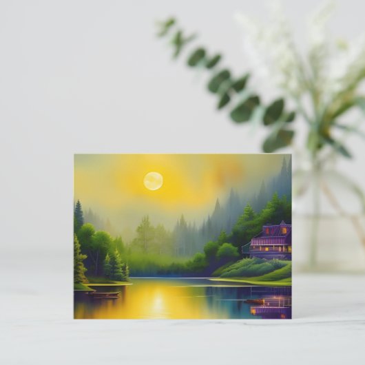 Lakehouse Sunrise Reflections Digitale Kunst Postkarte (Stehend Vorderseite)