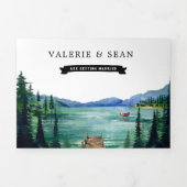 Lakeside Campground Resort | Illustrierte Hochzeit Dreifach Gefaltete Einladung (Cover)