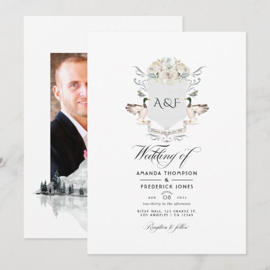 Lakeside Monogram Wappen Wedding Foto Einladung (Vorne/Hinten)