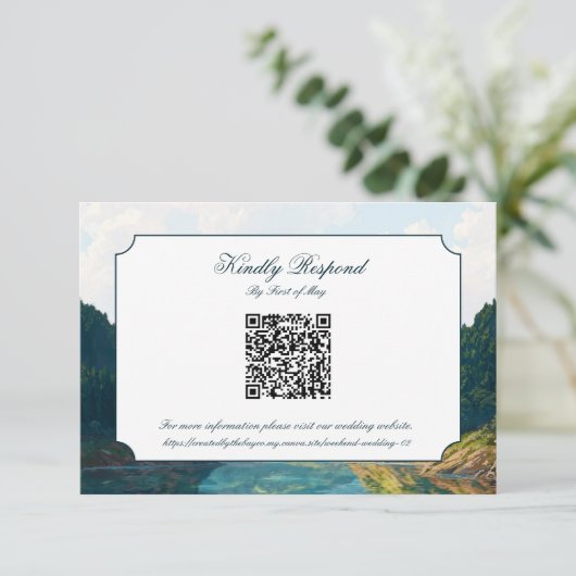 Lakeside Mountain Valley Wedding QR code RSVP Card (Stehend Vorderseite)