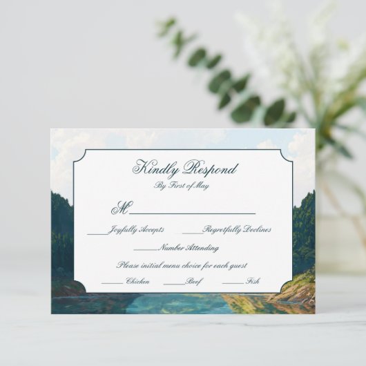 Lakeside Mountain Valley Wedding RSVP Card Karte (Stehend Vorderseite)