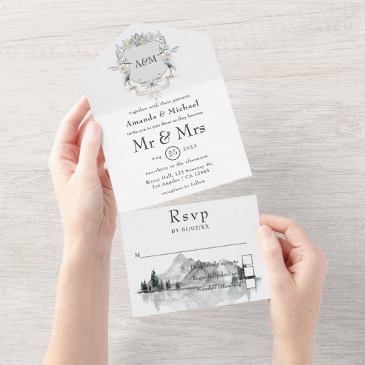 Lakeside Wedding Monogram Wappen All In One Einladung (Abreißen)