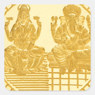 LAKSHMI UND GANESH GOLD COIN DESIGN QUADRATISCHER AUFKLEBER