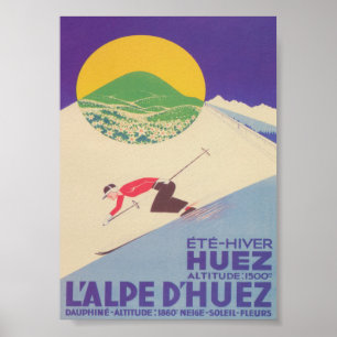 L'Alpe d'Huez Frankreich Retro Vintage Skiplakat Poster