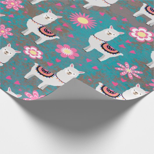 Lama (Alpaka) mit Blumen und Türkis-Schmutz Geschenkpapier (Ecke)