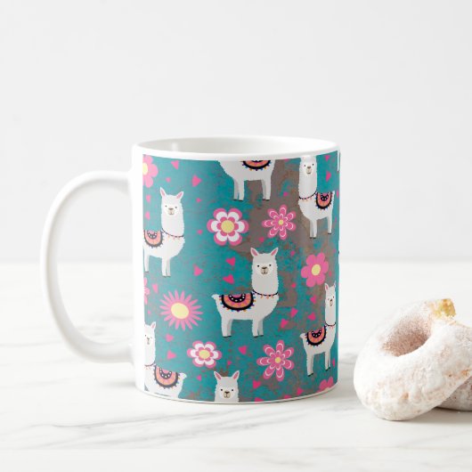 Lama (Alpaka) mit Blumen und Türkis-Schmutz Kaffeetasse (Mit Donut)