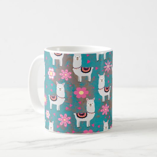 Lama (Alpaka) mit Blumen und Türkis-Schmutz Kaffeetasse (Vorderseite Links)