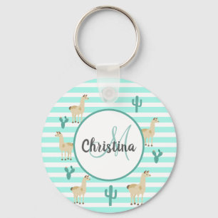 Lama and cactus on green white stripes name schlüsselanhänger