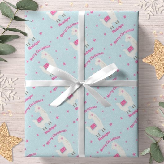 Lama Christmas Blue Snow Stars Personalisiert Geschenkpapier