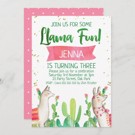Lama Fun Fiesta Geburtstag Einladung (Vorne/Hinten)