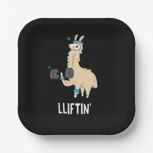 Lama im Fitnessraum - Gewichte heben Pappteller