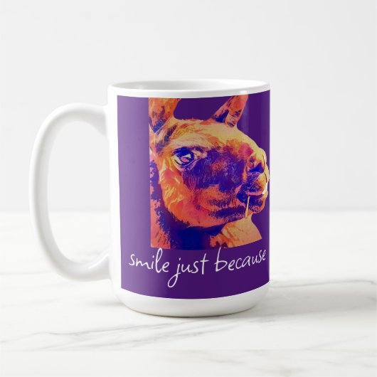 Lama lächeln, nur weil Zitat Kaffeetasse (Links)