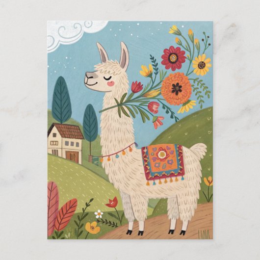Lama mit Blume Folklorekunst Postkarte (Vorderseite)
