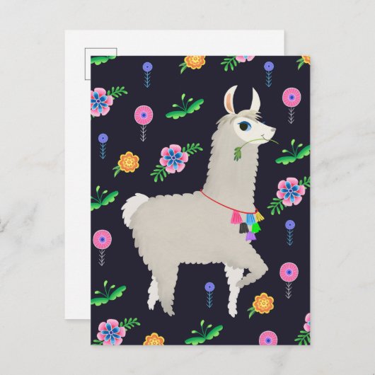Lama mit Blume Postkarte (Vorne/Hinten)